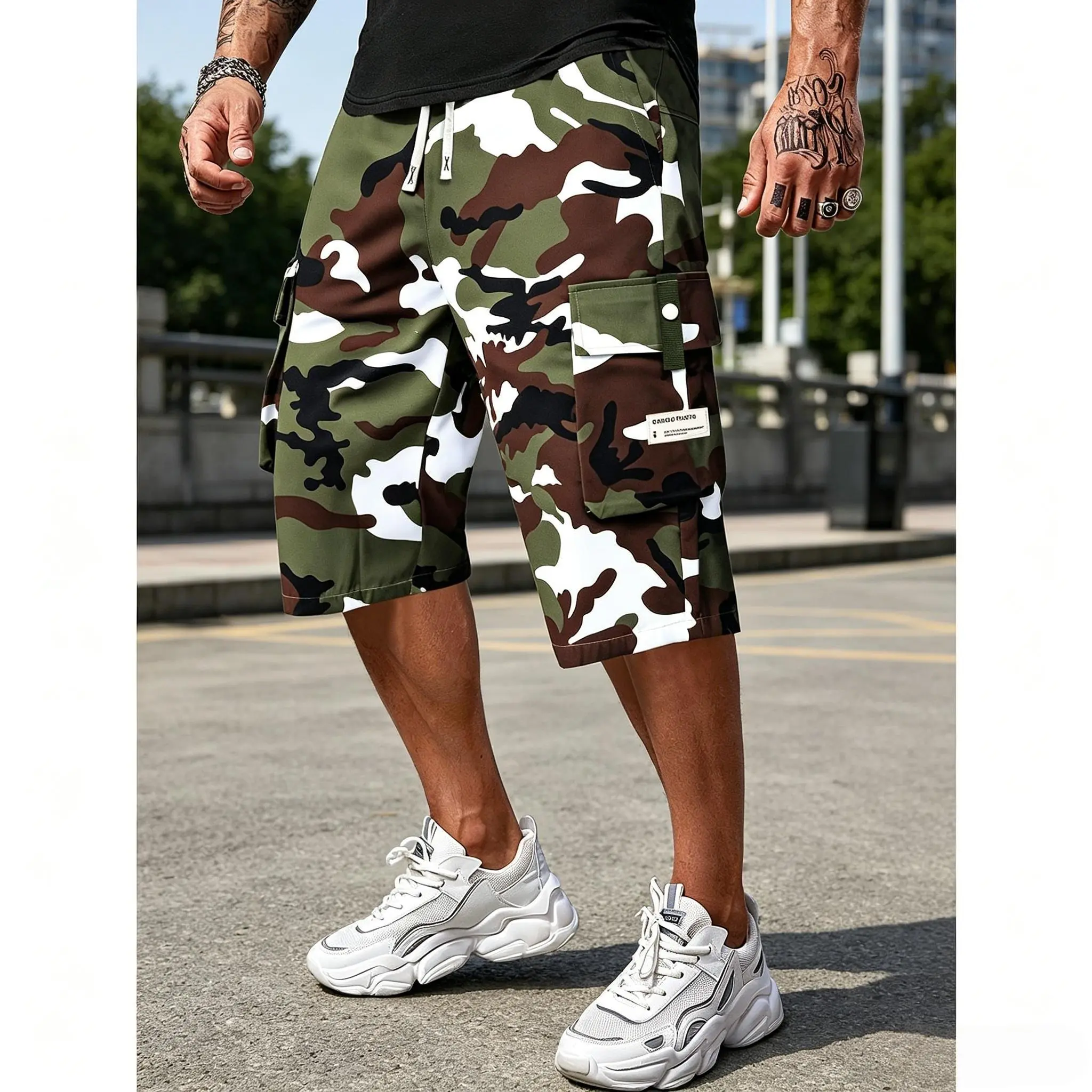 Men’s Polyester Camo Shorts - Camouflage Capri Cut Cargo Shorts with Multi-Flap Pockets, Drawstring Elastic Waist, Lightweight for Summer Walking, Travel, Cold Wash Casual Streetwear Bottoms