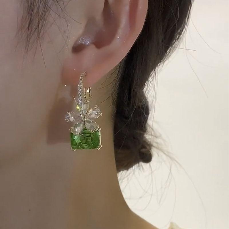Emerald Green Square Cubic Zirconia Dangle Earrings, Marquise Crystal Floral Drop Hook Earrings, Two-Tone Gold Silver Shiny Luxury Statement Wedding Party Ear Jewelry for Women
