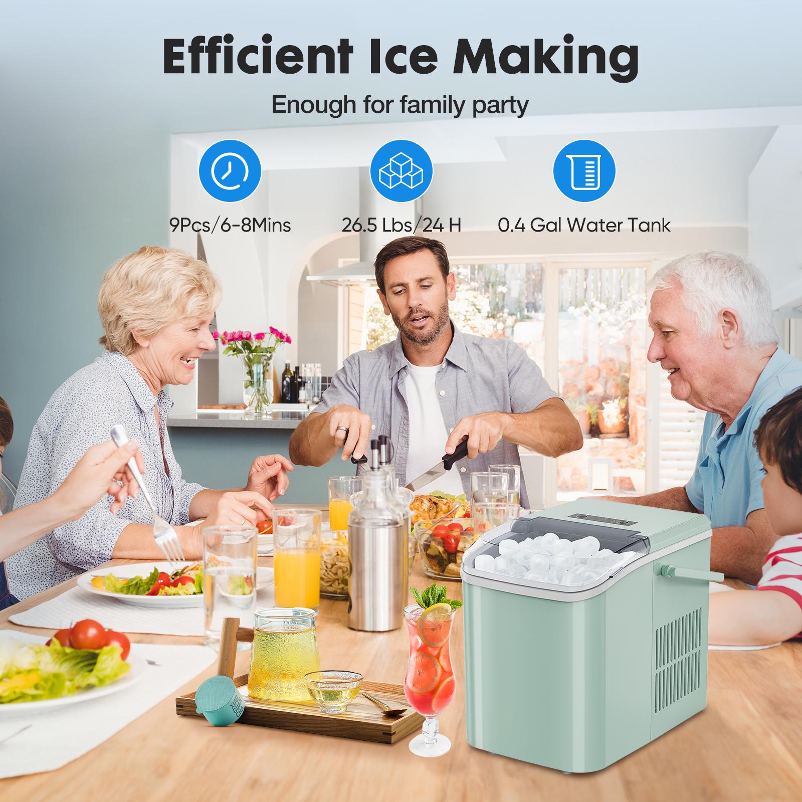 Ice Maker Countertop with Handle, 26.5lbs/24Hrs, 9 Ice Cubes Ready in 6 Mins, Self-Cleaning Portable
