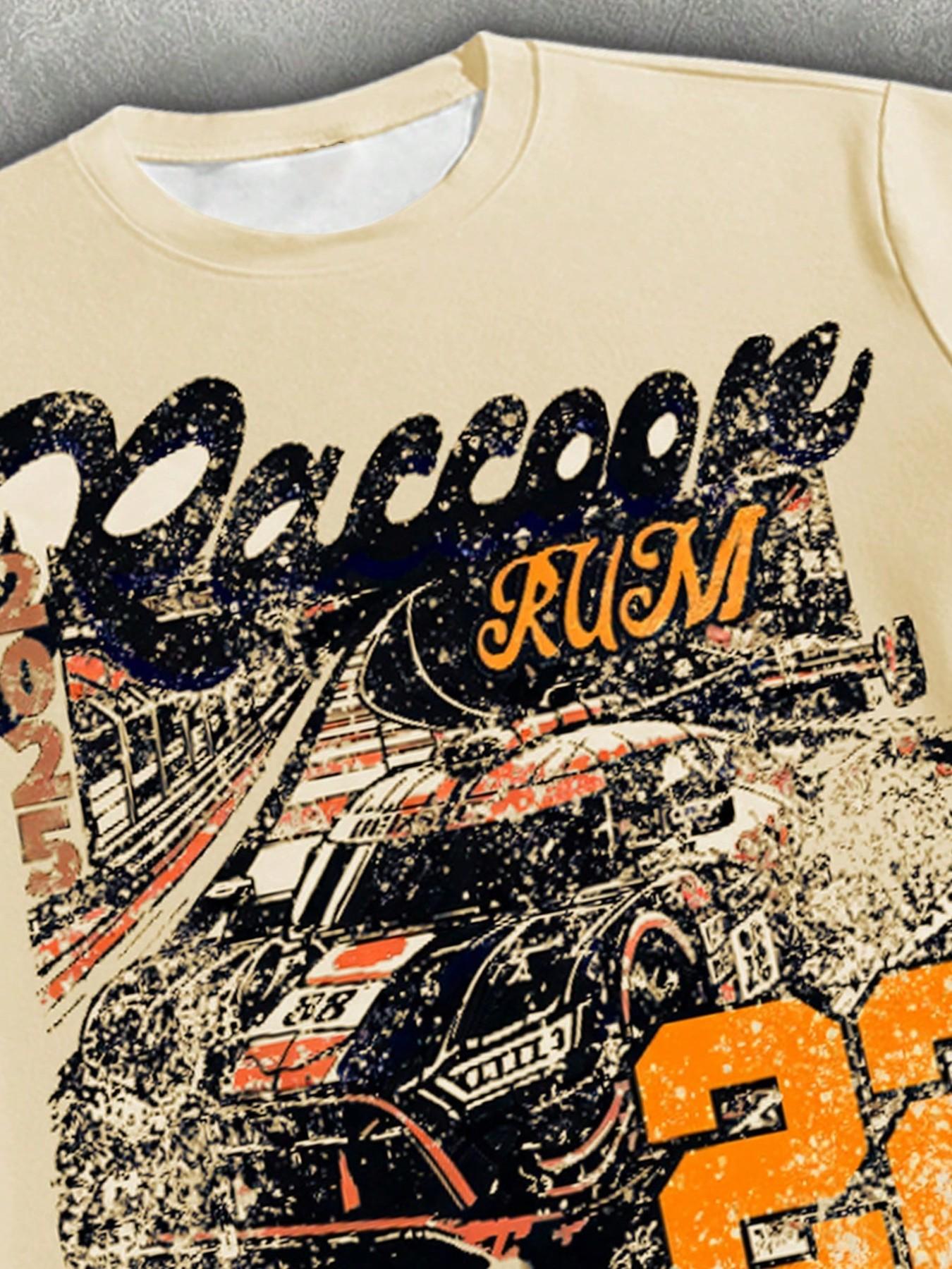 "Men's 22 Raccoon Rum Racing Graphic 2 Piece Set, Oversized Short Sleeve T-Shirt & Camo Tree Print Flared Pants Streetwear for Daily Wear and Street Style"