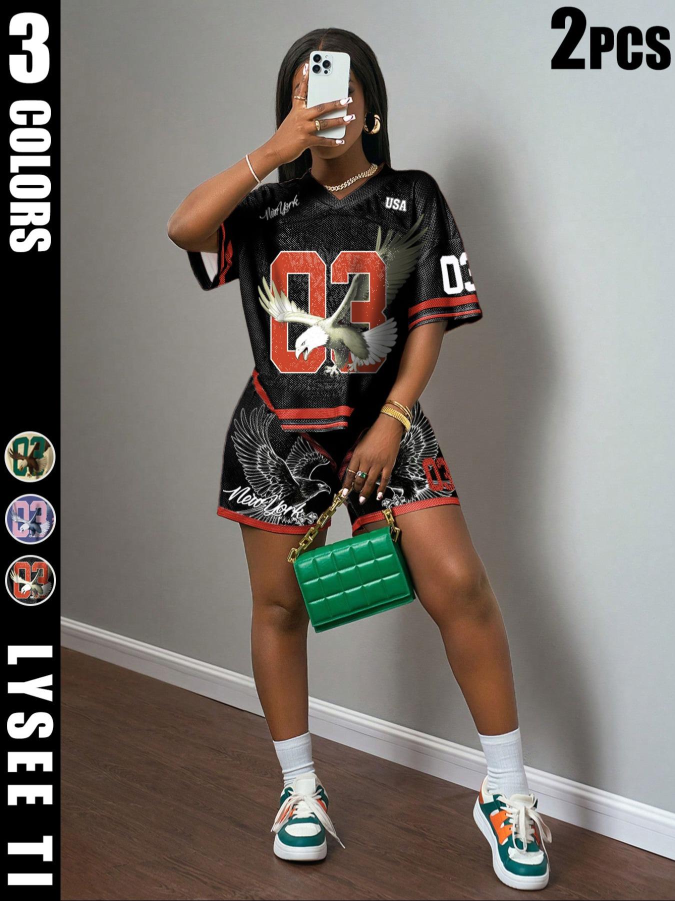 2-piece set of new spring and summer casual street sports style Womenswear V-neck short sleeved loose fitting size 03 "USA" slogan green striped T-shirt+five point apricot mesh shorts set