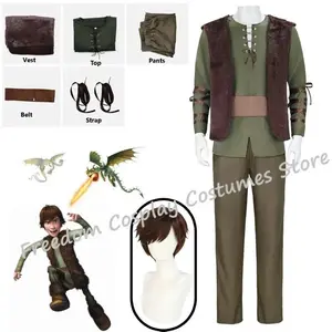New 2026 Movie Hiccup Cosplay Costume wig Green T Shirt Pant Brown Vest Set Halloween adult cartoon dragon Bear House
