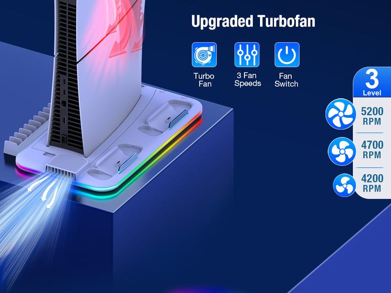 PS5 Stand and Cooling Station with Controller Charging Station for PS5 Slim, PS5 Accessories 3 Levels Cooling Fan, RGB Light, 15 Game Storage, Headset Holder for Playsation 5 Digital/Disc