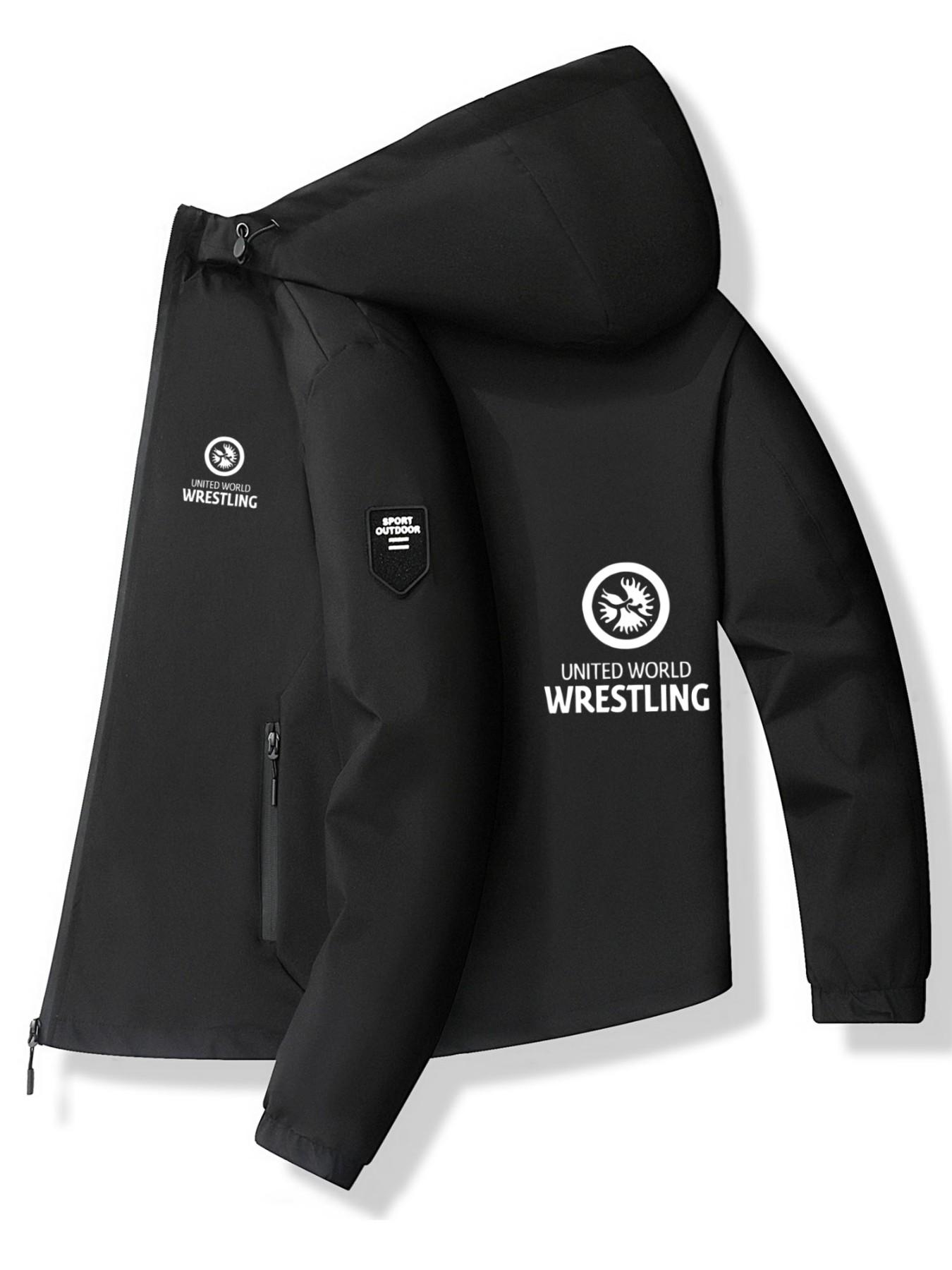 Round Eagle Logo Letter Hooded Jacket, Polyester Fabric, Elegant Print Design, Casual Slim Fit, Spring & Fall Fashion Outerwear