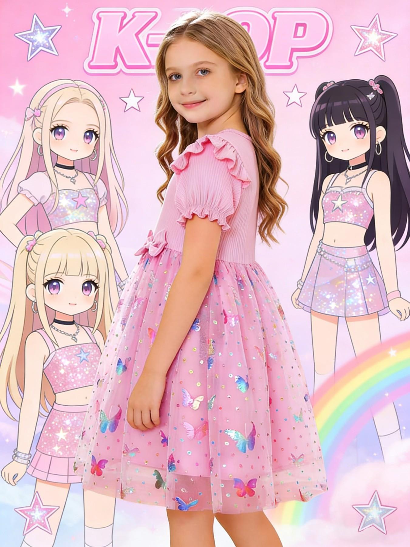 K-Pop Girl Group Sweet Style Girls' Dress, Flutter Sleeve Bow K-Pop Print, Summer Mesh Princess Dress, Cute Floral Pattern, Slim-Fitting