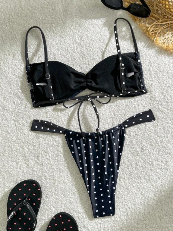 2026 Women's Polka Dot Strapless Bandeau Bikini Set, Removable Wide Shoulder Straps, Vintage Style for Beach and Pool, Bandeau Bathing Suits, Swimsuit Set