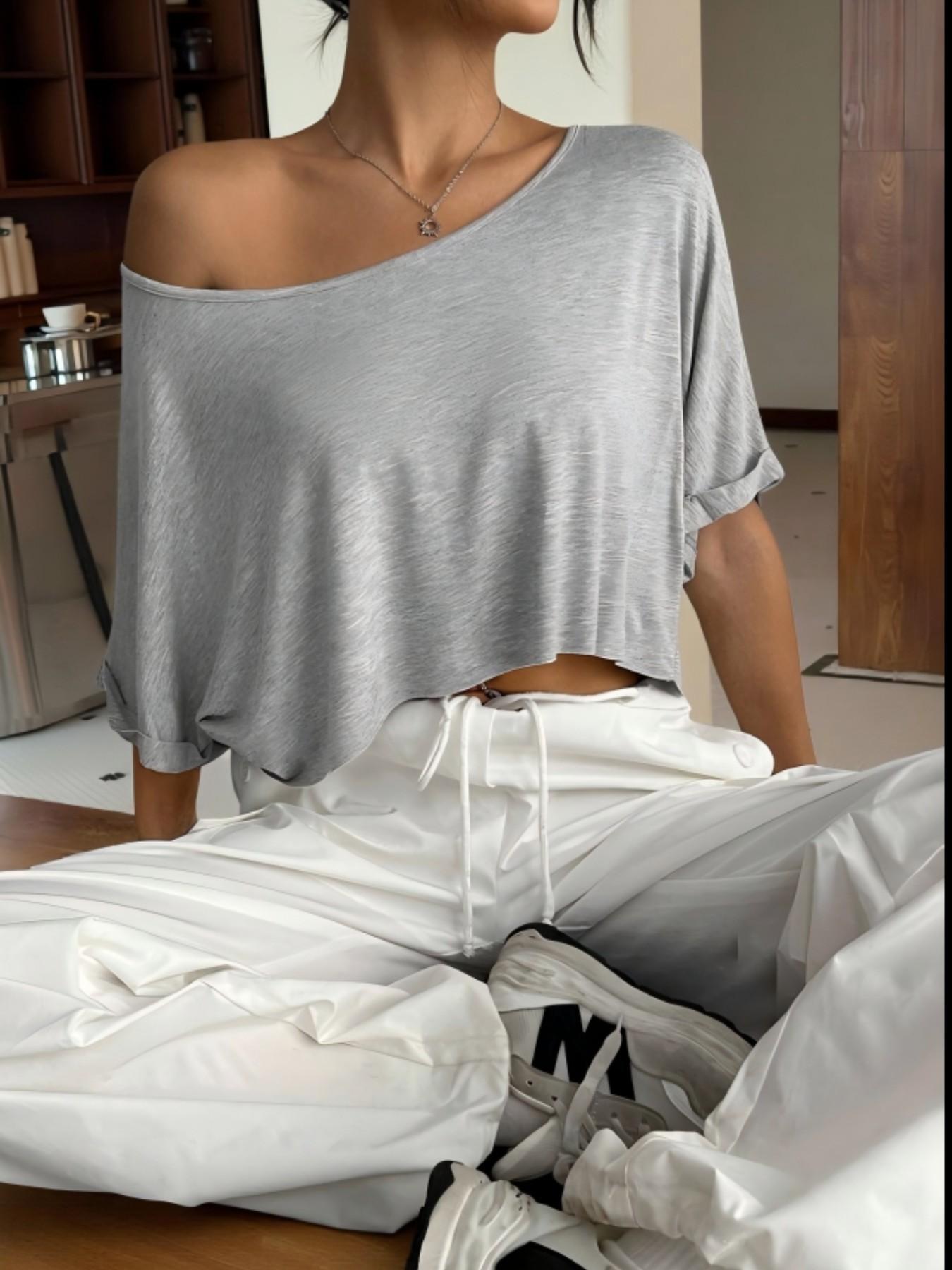 Women's Asymmetrical Shoulder One-Shoulder Short T-Shirt, Loose Fit, Casual, Sexy Off-The-Shoulder, High Waist, Crop Top, Short Sleeve Top