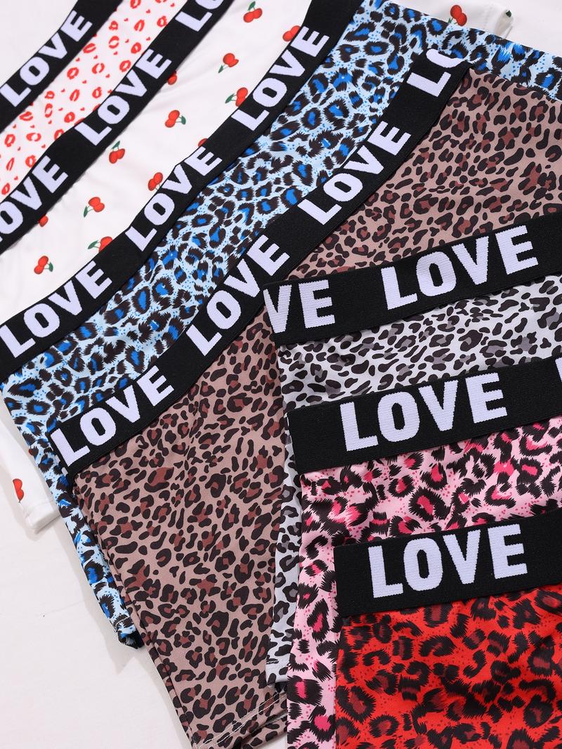 Women's Leopard & Cherry & Lip Print Boyshorts, Soft Comfy Breathable Panty for Daily Wear, Underwear for All Seasons, Casual Breathable Knicker