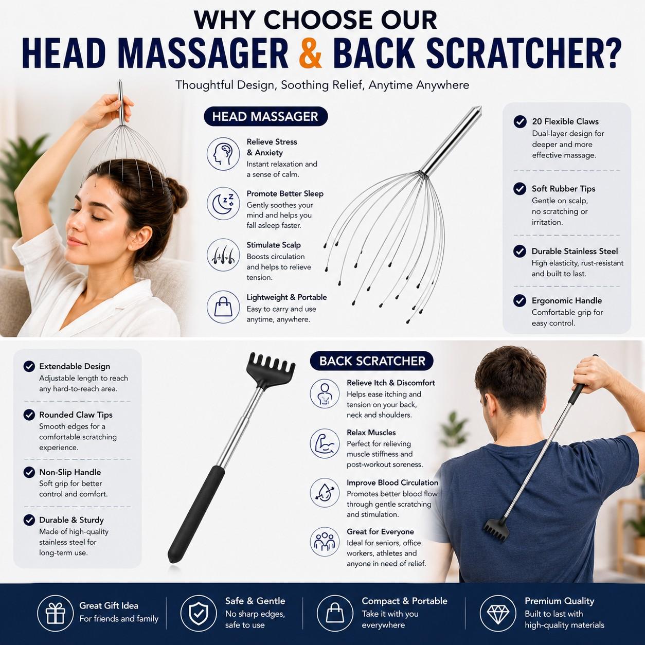 Stainless Steel Octopus Head Massager Set with Telescopic Back Scratcher, Adjustable Scalp Massage Tool Kit with Velvet Storage Bag for Stress Relief Relaxation
