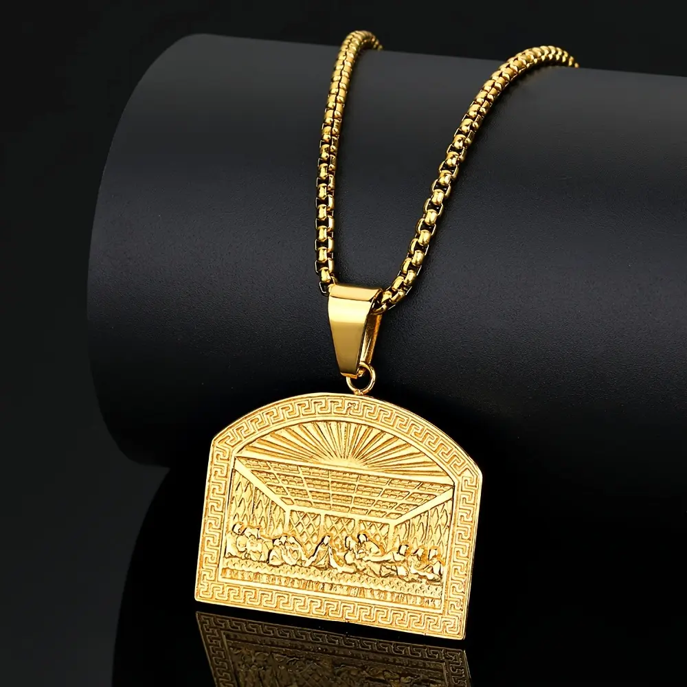 Vintage 18K Gold Plated Last Supper Rectangle Pendant Necklace for Men Couples, Y2K Hip Hop Punk Rock Religious Cross Jewelry, Statement Chain Necklace, Tarnish Proof Durable, Christmas Birthday Anniversary Gift, Concert Party Wear, Trendy Streetwear soho