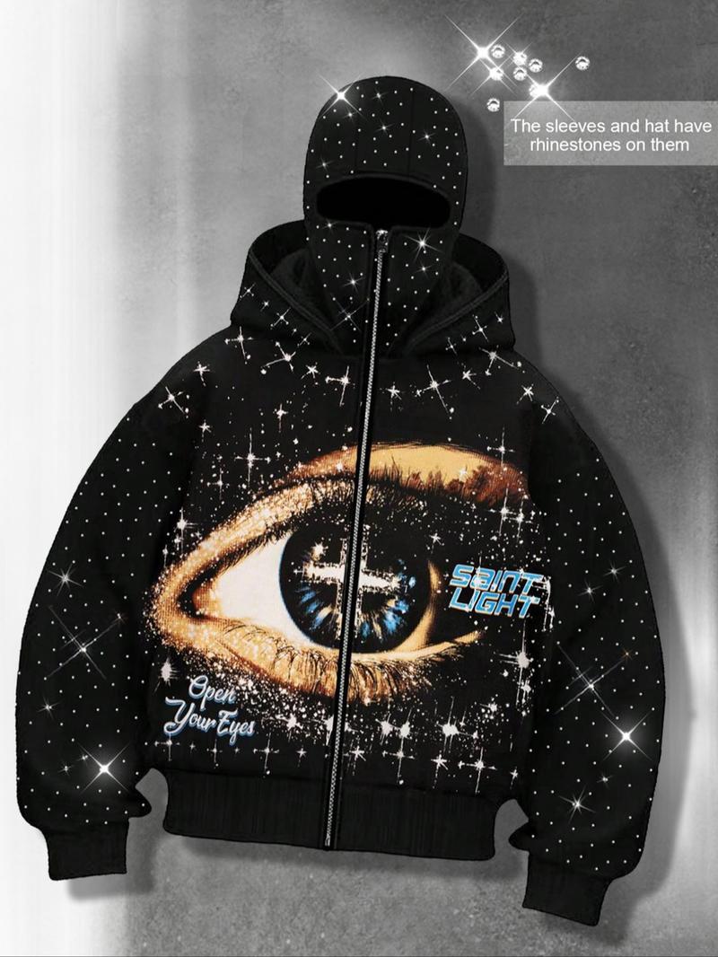Eye print two hats zipper cardigan men's hoodie, Graphic hoodies, sleeve hat hot rhinestone, sparkling starry sky unisex hoodie European and American street jacket, autumn and winter plus velvet hoodie Instagram style