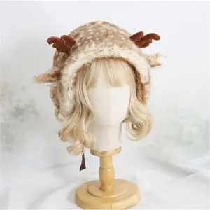 Mori Girl Cute Plush Deer Ear Protection Hat Christmas Winter Sweet Antler Deer Printing Elk And Fawn Earmuffs Cap B1999