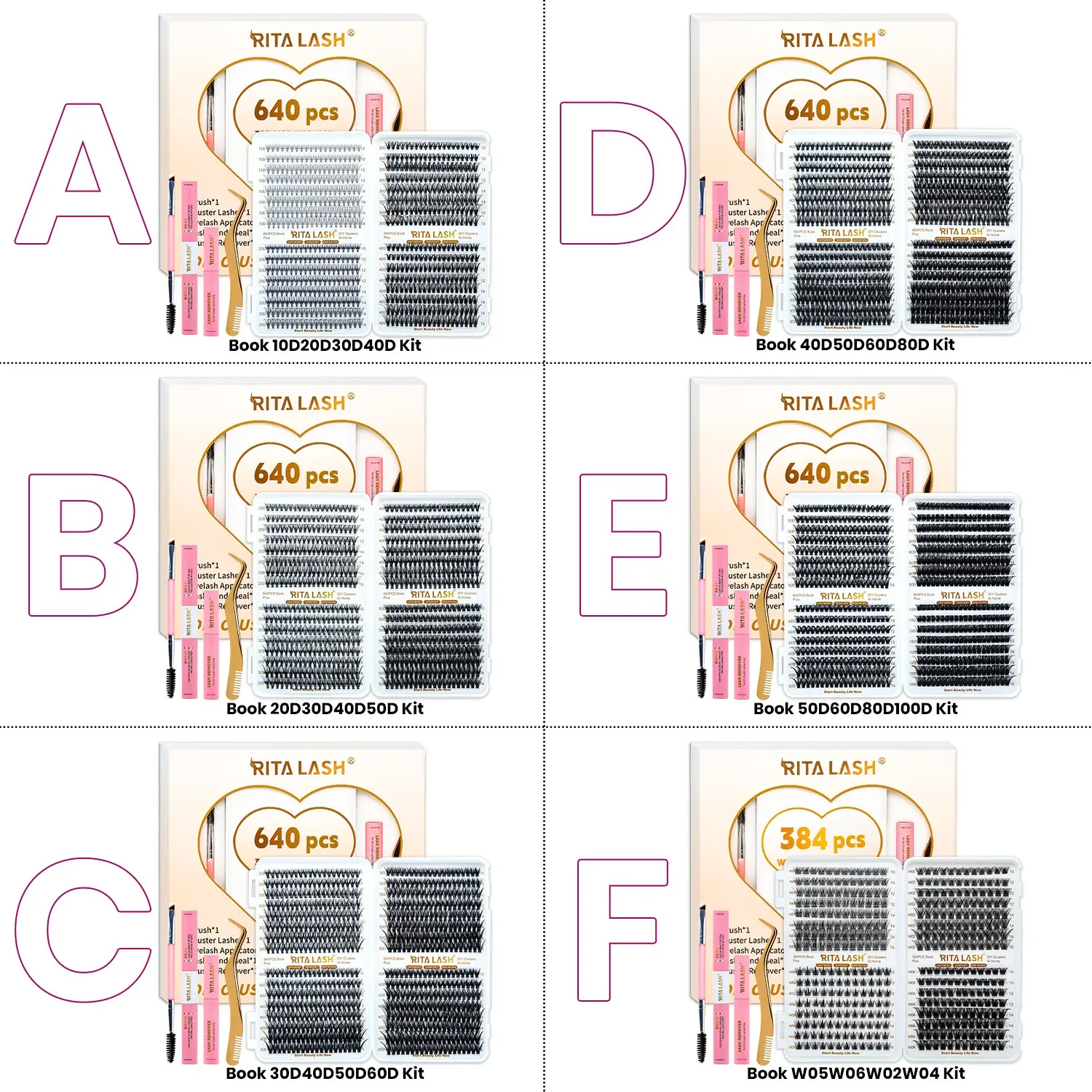 RITALASH 640/384pcs 6 Nature Styles Lash Clusters Kit, 10D/ 20D/ 30D/ 40D/ 50D/ 60D/ 80D/ 100D/W05/ W06/ W02/ W04 Eyelash Clusters Extensions with Everything You Need for Beginners and Proficient, DIY at Home Easily with Bond and Seal Remover Double-Ended