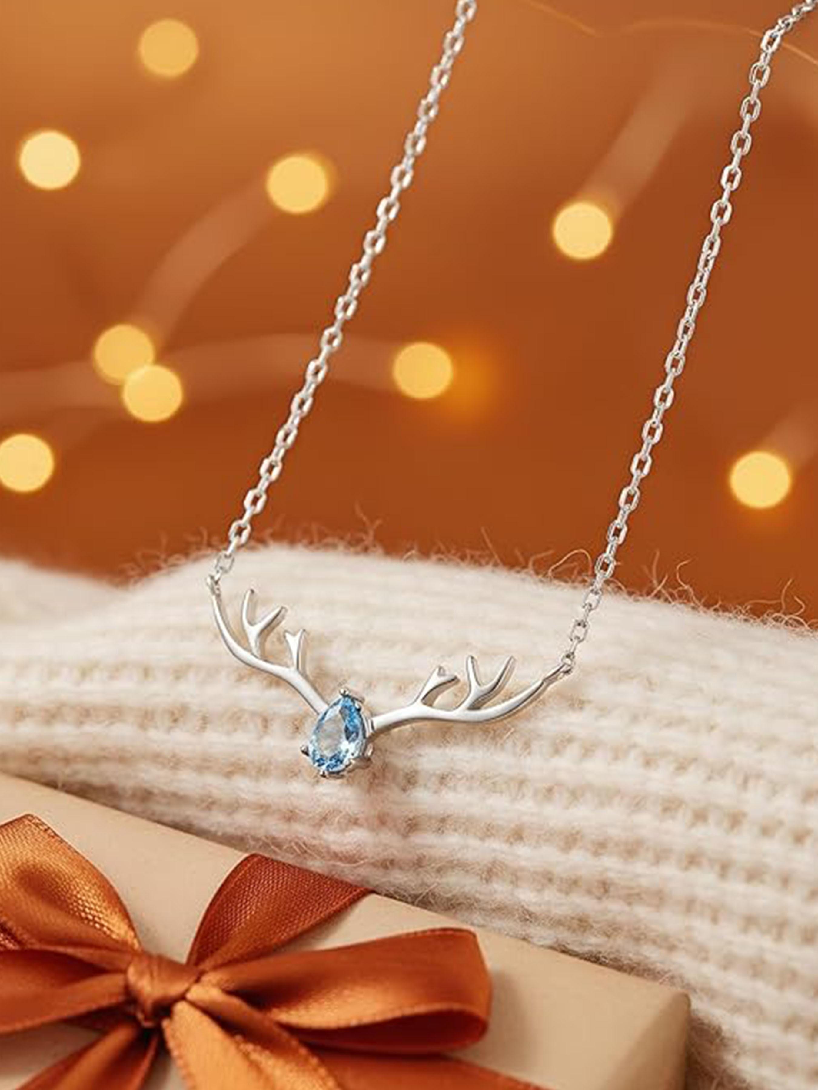 Tarnish-Free Titanium Steel Antler Necklace for Women - Waterproof Blue Crystal Deer Pendant Jewelry Gift