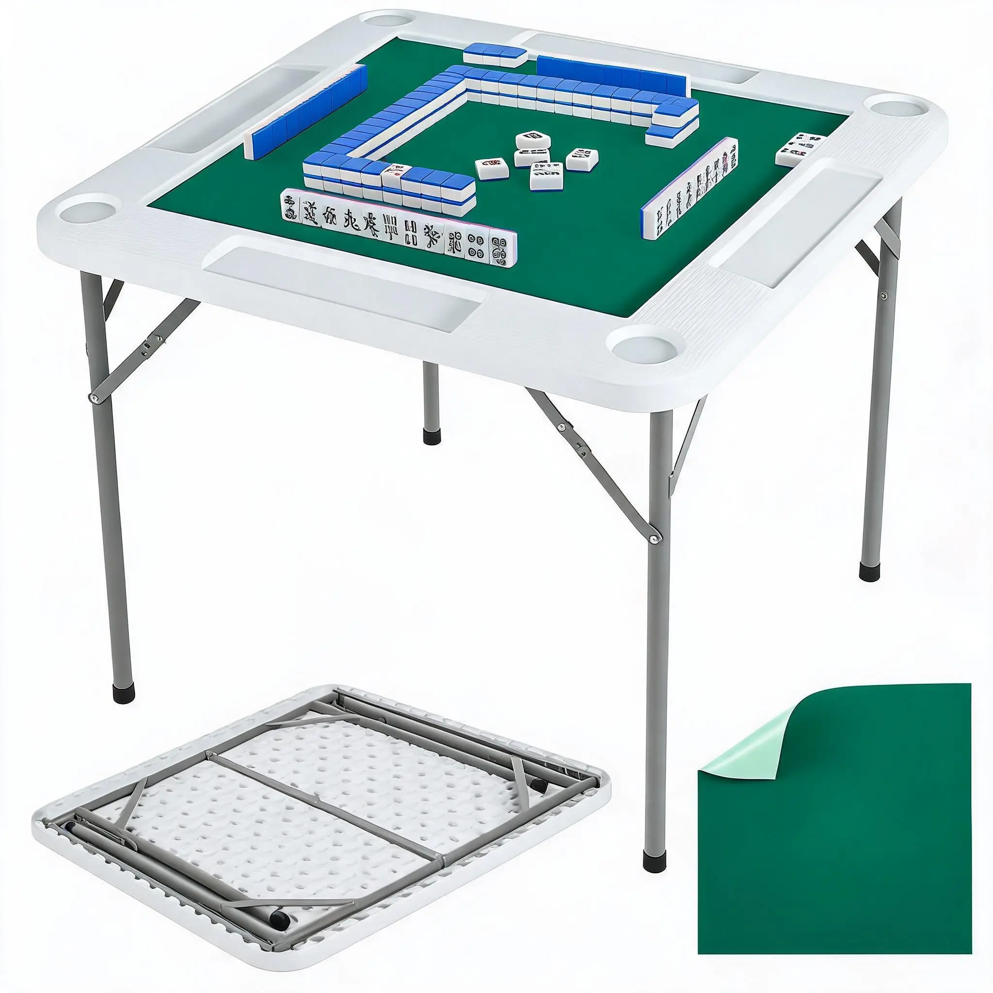 Mahjong Table, 4 Player Folding Domino Table with Wear-Resistant Green Tabletop, Portable Square Card Desk with Cup Holders & Chip Trays for Mahjong Poker Puzzles