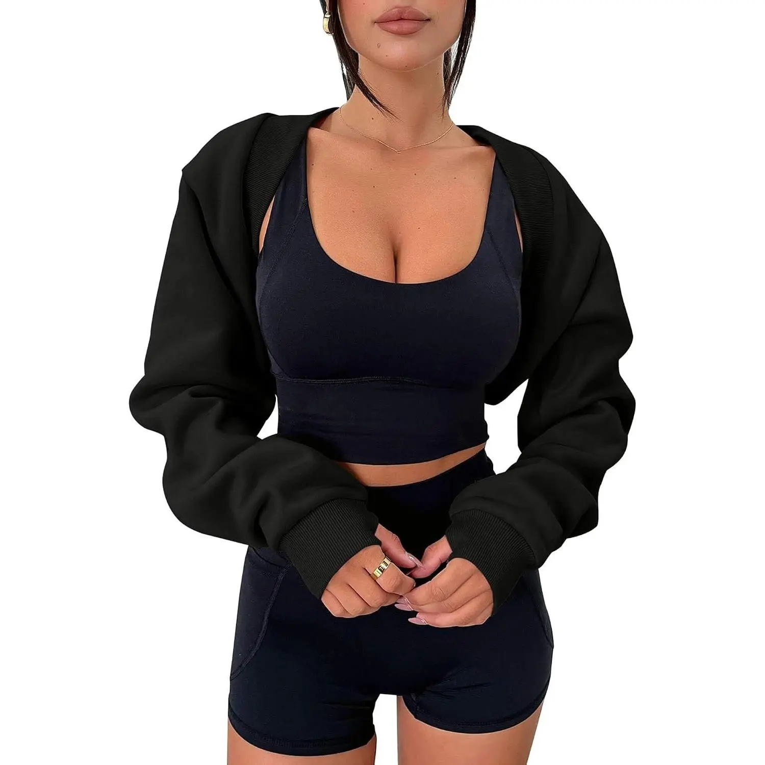Women's Cropped Bolero Shrug Long Sleeve Sweatshirt with Thumb Holes Open Front Y2K Workout Top 2026Gift