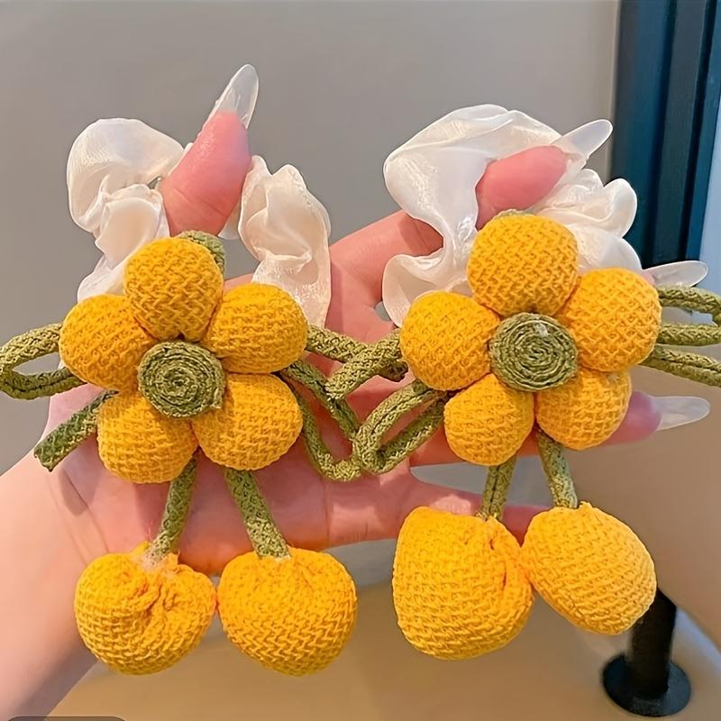 6 Pcs Knitted Flower Hair Scrunchies for Girls Bow Tassel Ponytail Holders Cute Hair Accessories for Kids Double Buns Hairstyle