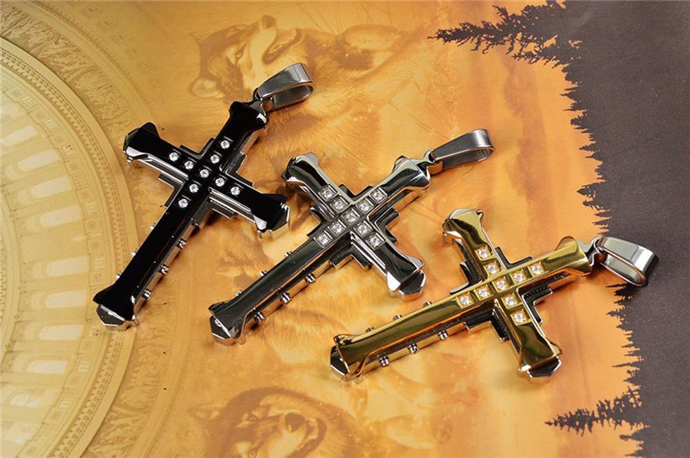 Trending Men's Crystal Cross Jesus Pendant Necklace - Gold/Black/Blue Zirconia, Stainless Steel Costume Jewelry, Jesus Piece, Jeweled Cross, Crucifix Graphic Necklaces, Cross Necklaces
