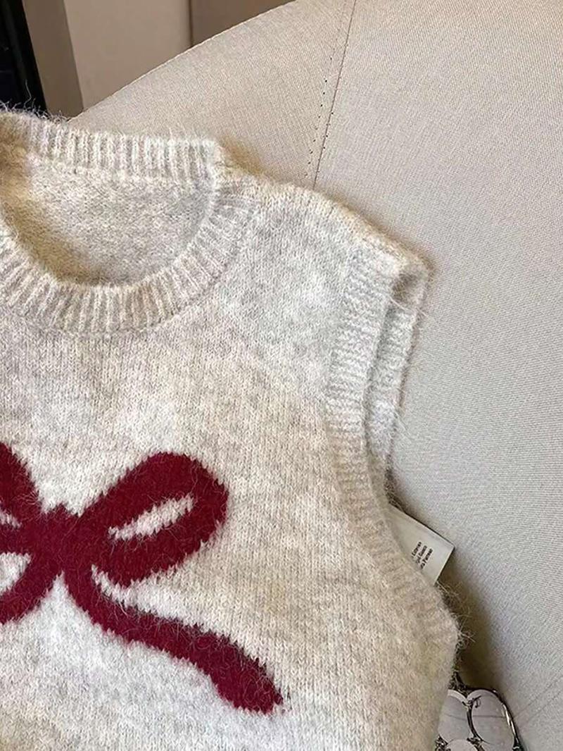 Sweet Bow Vest Knit Sweater, Autumn Winter Embroidered Pattern, Slim Fit Layered Wear, Soft Comfortable Sleeveless Top, Elegant Casual Style