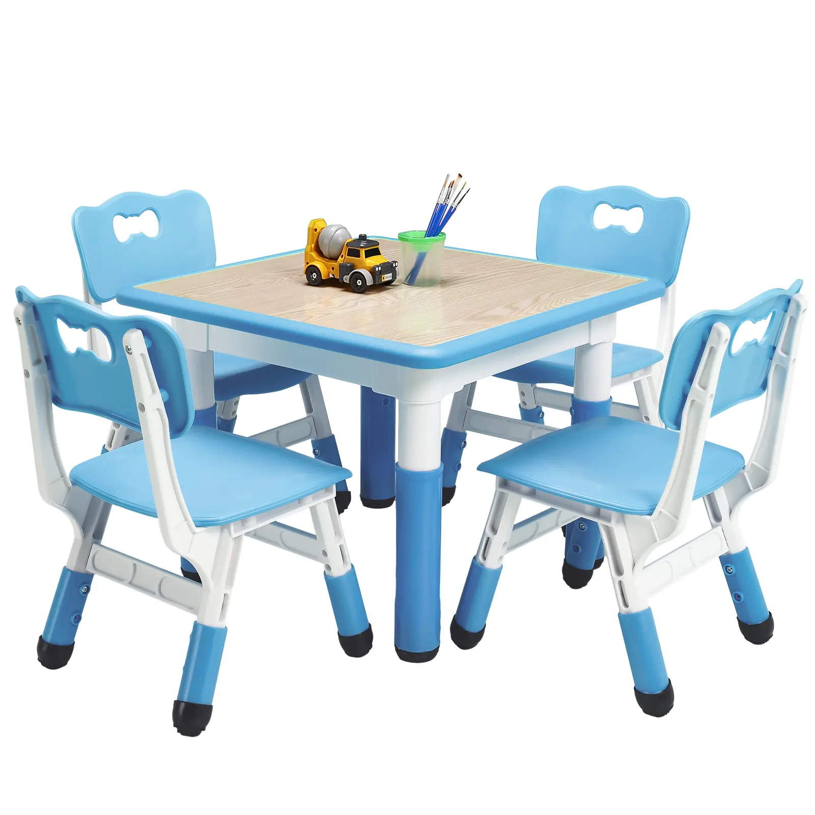 Kids Table and 4 Chairs Set, Height Adjustable Toddler Table and 4 Chair Set for Ages 2-10 for for Crafts and Study, Graffiti Desktop, Non-Slip Legs, Children Activity for Daycare, Classroom, Blue/Grey/Pink