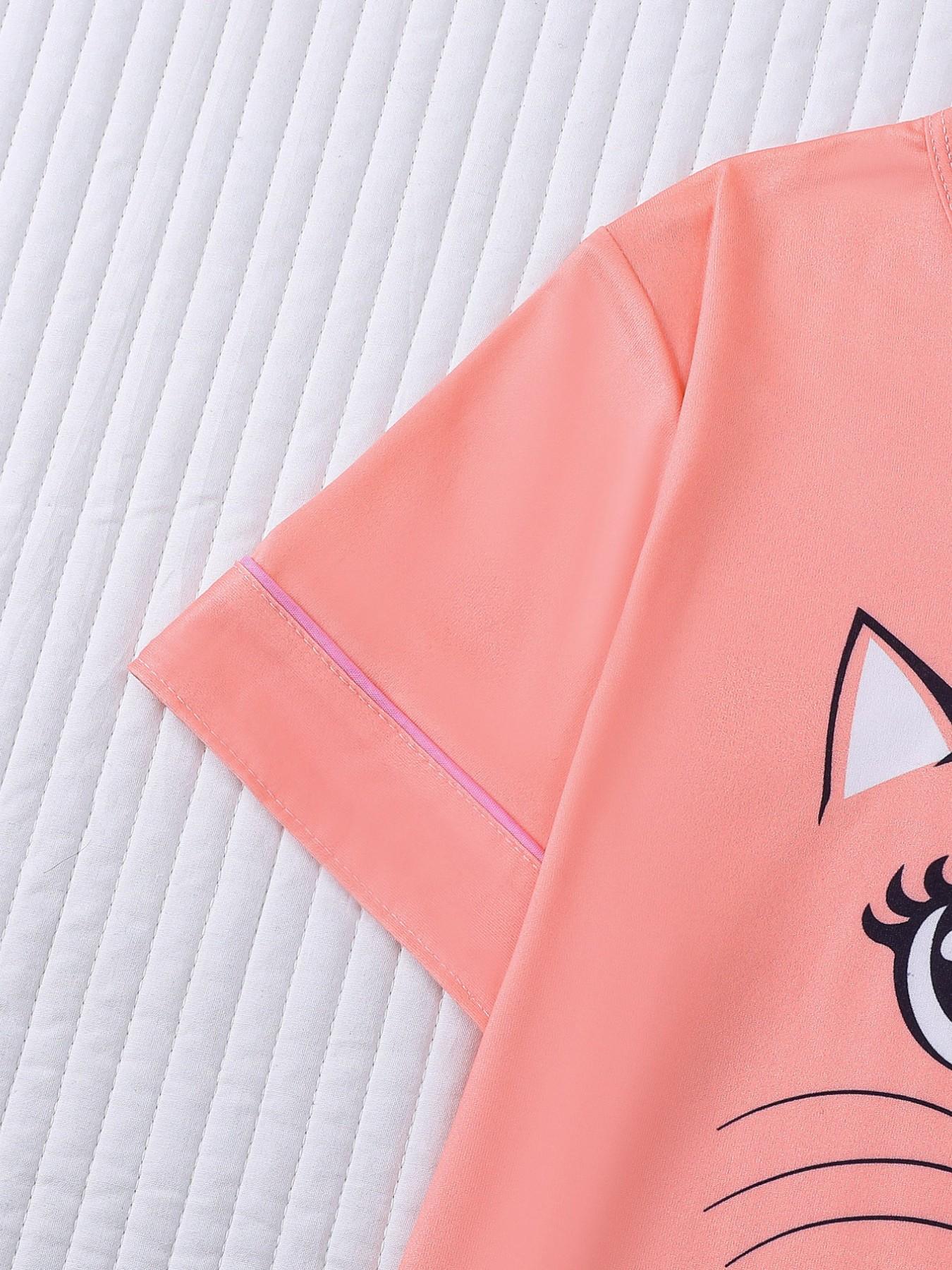 Cartoon Cat Theme Sleepwear Set, Summer Fire Retardant Fabric, Cute Short Sleeve Pajamas, Cartoon Print Pajama, Casual Home Wear, Kids Gift Set