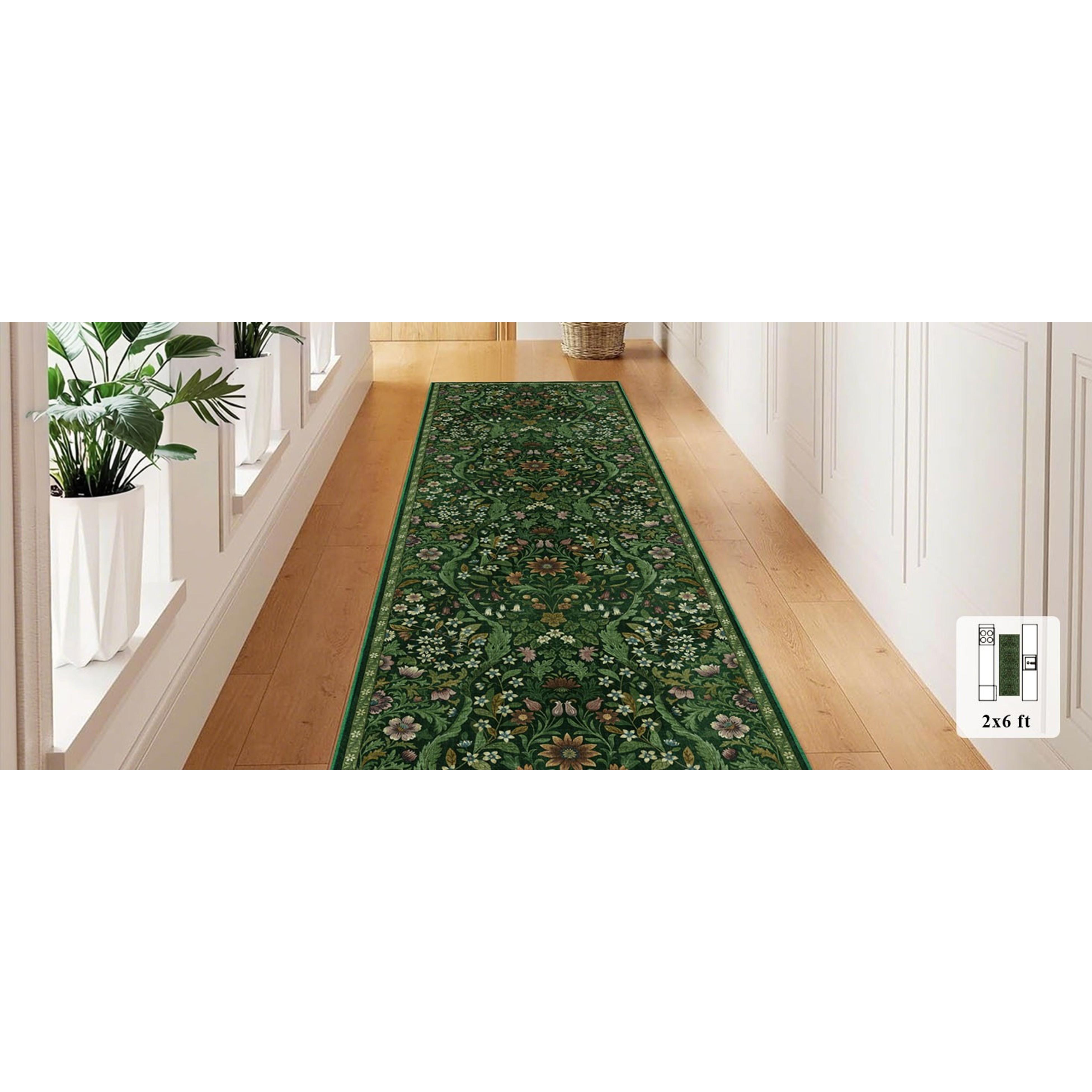 5×7 Dark Green Washable Floralbotanics Area Rug - Vintage Boho Soft Low-Pile Stainresist Non-Slip Carpet for Living Room, Bedroom, Home Decor, Rectangle