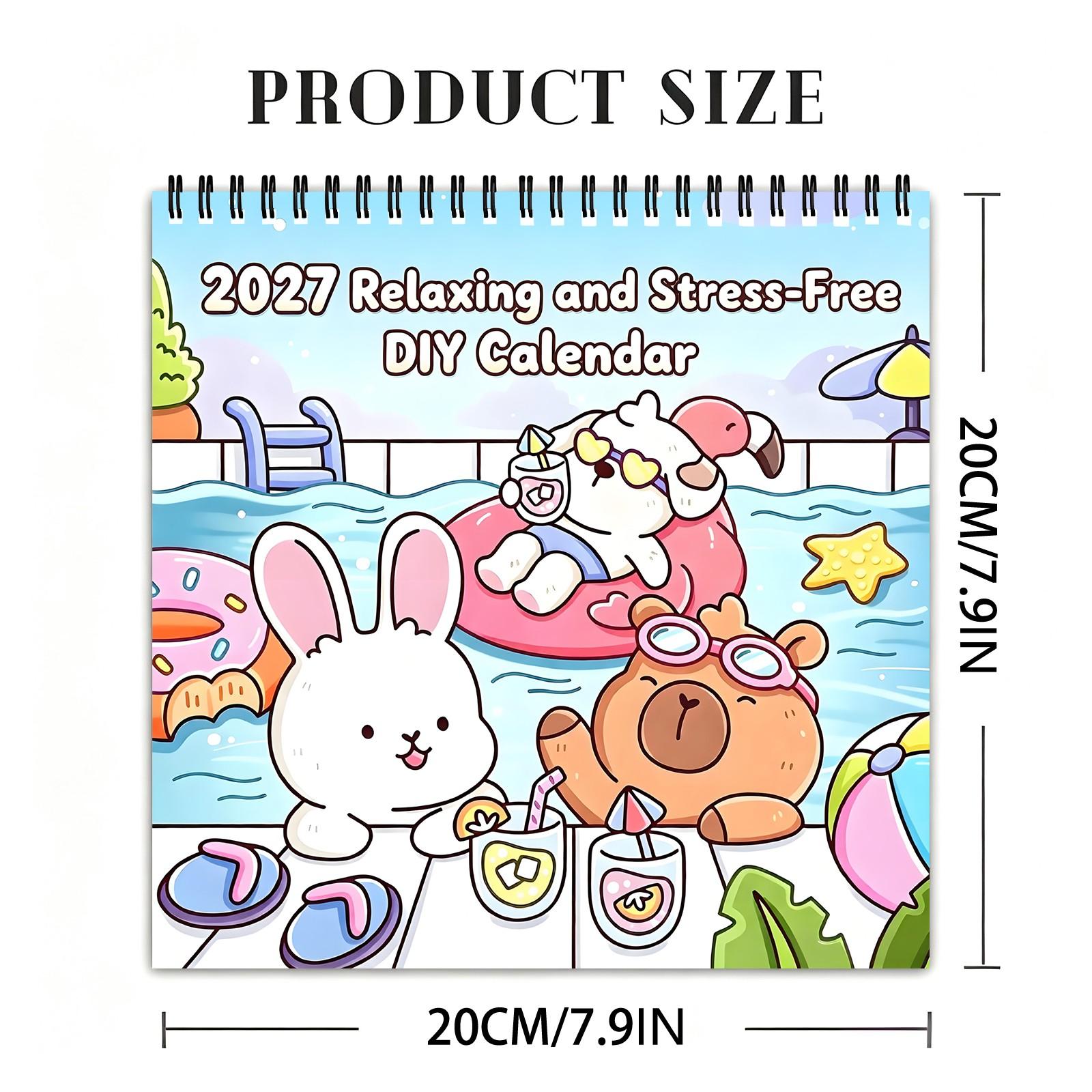 2027 Cute Cartoon Animals DIY Coloring Calendar 12 Months Stress Relief Relaxing Hand-drawn Line Art Desk Calendar Planner for Adults Kids Art Craft Gift,TikTokMadeMeBuyIt,kids calendar,new year calendar,coloring page calendar