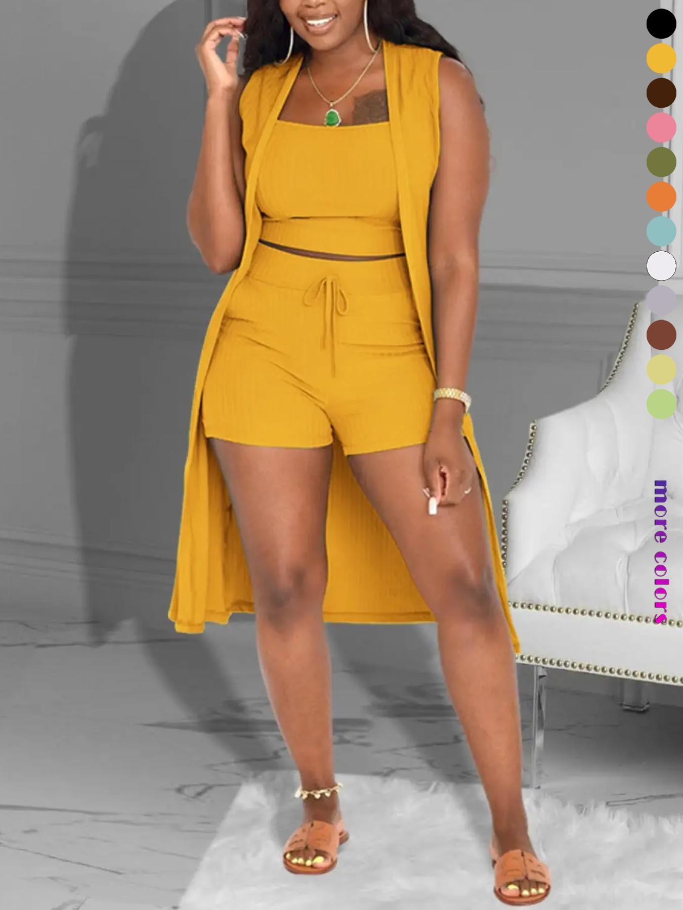 Women's Solid Ribbed Crop Tank Top & Drawstring Waist Shorts & Open Front Sleeveless Outerwear Three-Piece Set, Casual Fashion Cozy Three Piece Outfits for Daily Outdoor Wear, Casual Matching Set, Women Clothes for Summer