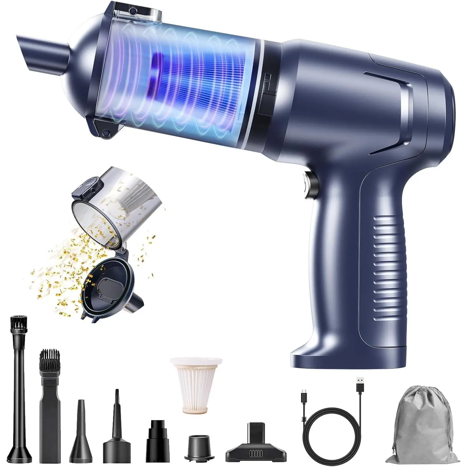 Car Vacuum Portable Cordless, 20000PA Handheld Vacuum Cleaner, Mini Vacuum w/Type-C Fast Charge for Car, Home & Outdoor (Navy Blue)Gift