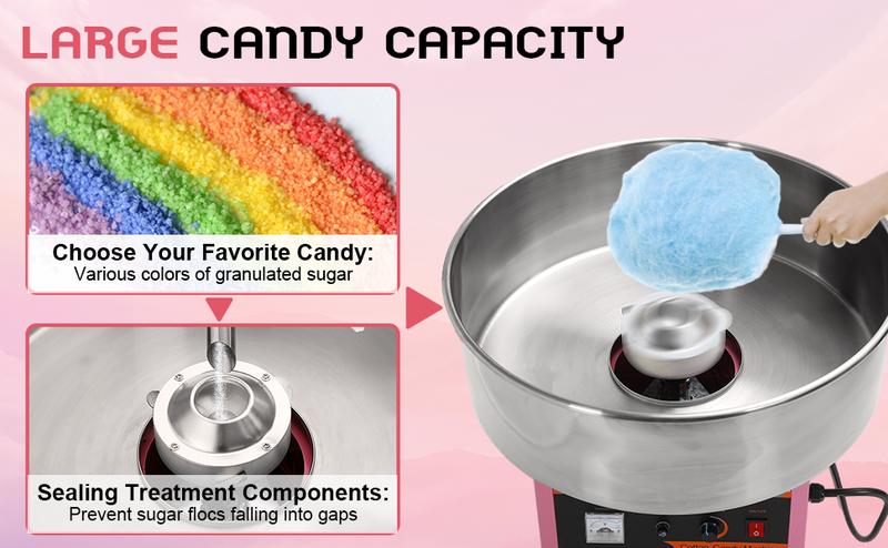 Cotton Candy Machine Commercial, 1000W Electric Cotton Candy Machine, Cotton Candy Maker with Stainless Steel Bowl, Sugar Scoop, Storage Drawer, Perfect for Family Party, Kids Birthday