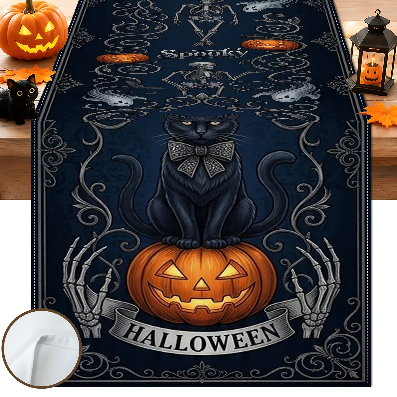 1pc Black Cat Pumpkin Skeleton & Ghost Table Runner, Retro Gothic Halloween Style, for Dining Table, Kitchen, Halloween Party & Home Decor, Halloween Table Decoration