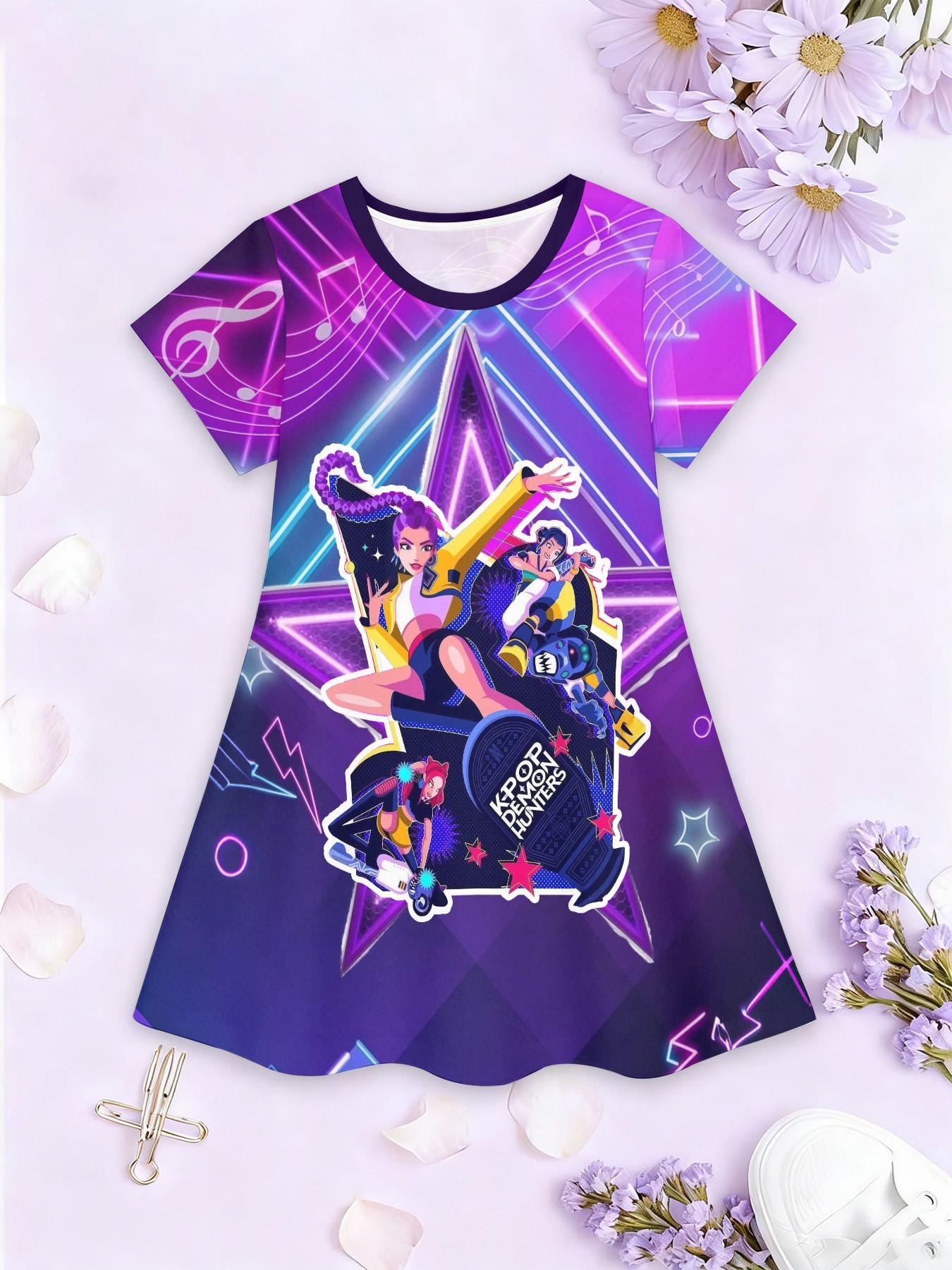 Girls' 3D Short Sleeve Dress, Neon Kda Full Print Summer Dress, Perfect for Parties, Festivals, Gifts, Birthday Presents