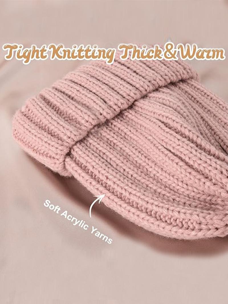 Unisex Plain Striped Beanie Hat, Satin Lined Knit Cap with Pom Pom, Warm Comfortable Windproof Winter Accessory, No Tag Design, Knitted Winter Hat