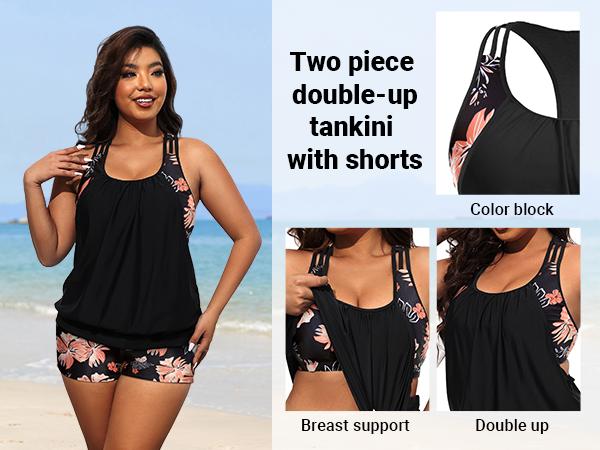 Holipick Floral Plus Size Tankini Swimsuit for Women Two Piece Tummy Control Bathing Suit Blouson Racerback Tankini Top with Shorts