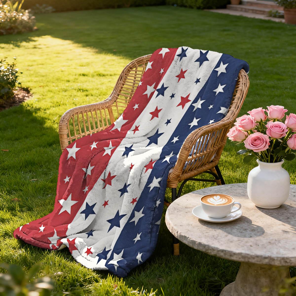 Striped Star Print Blanket, Soft Flannel, Breathable Warm Cozy, Sofa Bedroom Pet Use, Multiple Sizes Available, Gift Idea