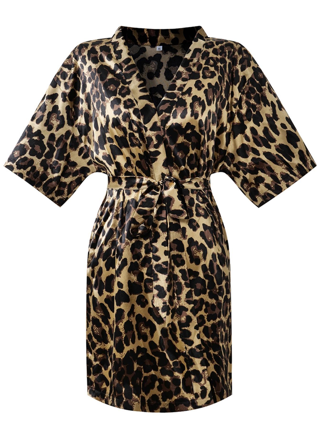 Women's Leopard Print Belted Robe, Casual V Neck Wrap Robe, Soft Comfortable Nightgown for All Seasons