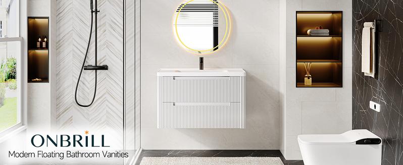 【Valentine's Day gift】ONBRILL Modern Bathroom Vanity with Sink Combo, Curved Floating Bath Vanity with 2 Soft Close Drawer, Wall Mount Bathroom Vanities with Integrated Ceramic Sink for Small Space, Apartment