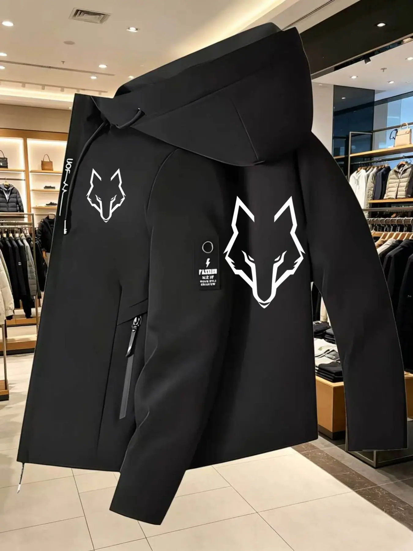 Men's Wolf Head Print Hooded Jacket, Windproof Warm Outdoor Parka, Casual Slim-Fitting Flying Jacket, Graphic Pattern, No Padding, Long Sleeve
