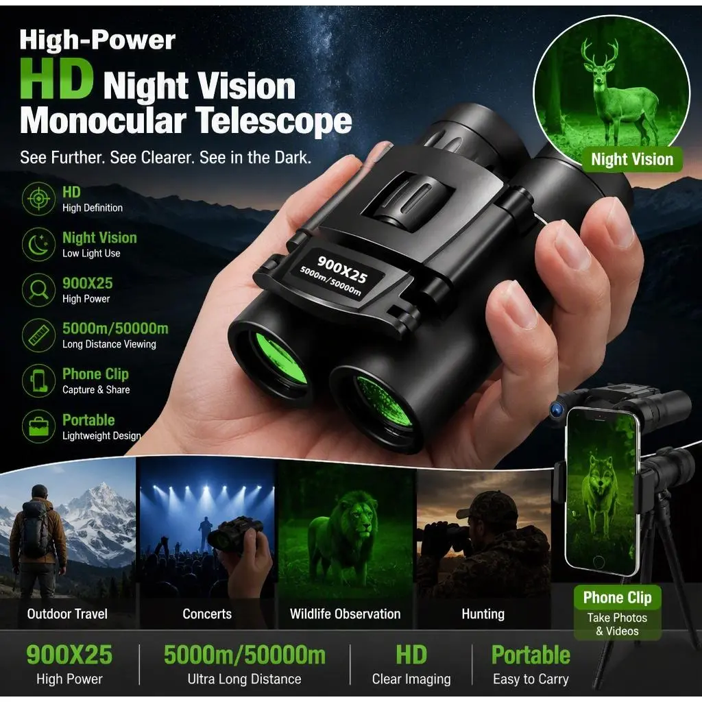 High‑Power HD Night Vision Monocular Telescope, Portable Handheld Zoom Scope for Concerts, Camping, Bird‑Watching & Cell‑Phone Shooting