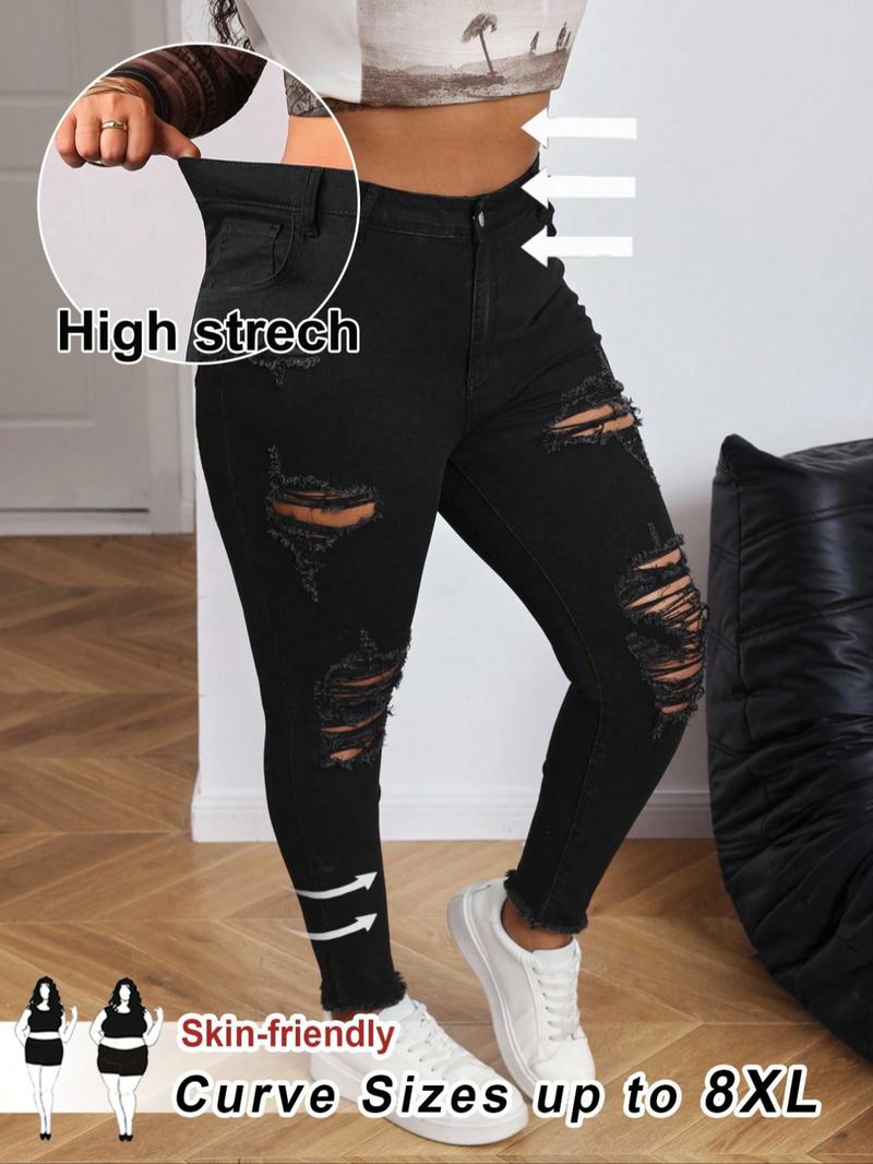 Women's Fashion New Plus Size Denim Ripped Design Faux Fur Hem High Elasticity Skinny Pants, Casual Plain Long Trousers for All Seasons