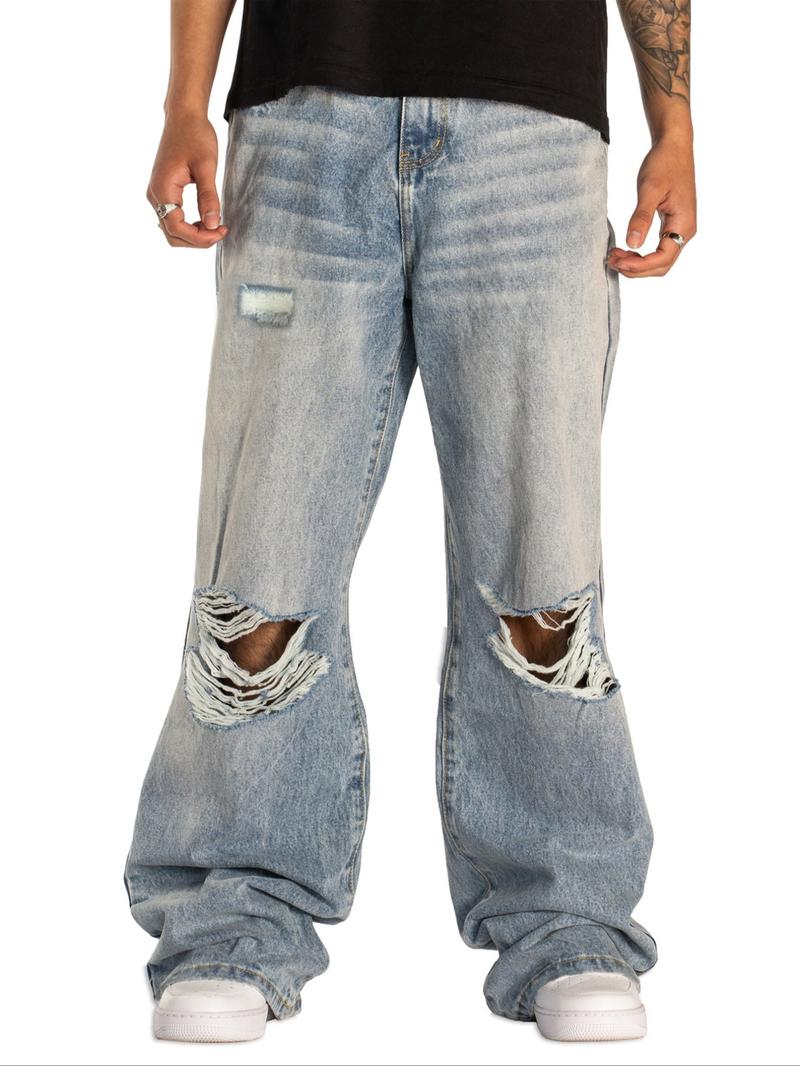 Men's Light Blue Ripped Loose Straight Jeans, All Seasons Street Style, Zipper Fly, Plain Pattern, Comfortable Fit