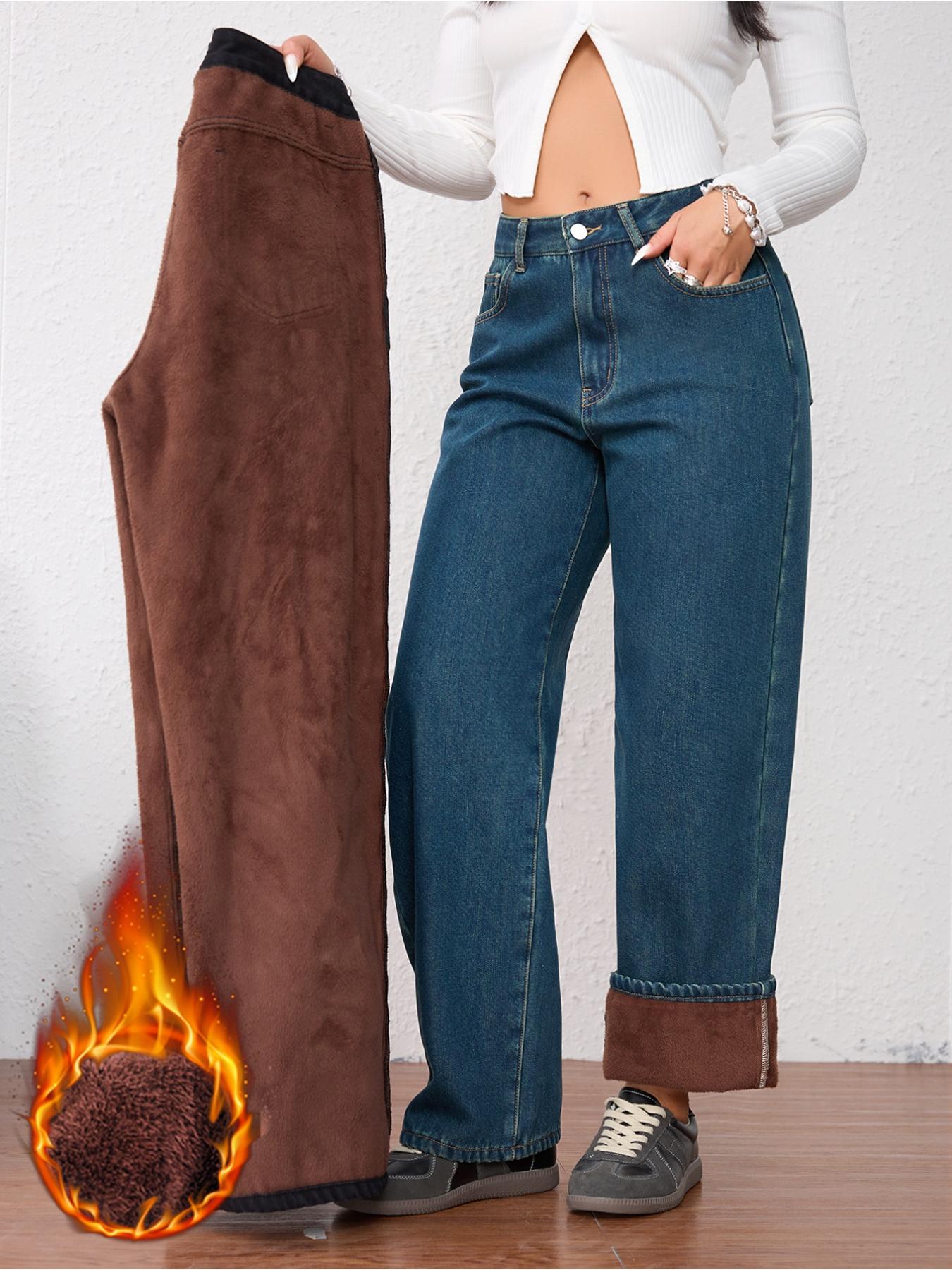 Women's Vintage Fashion Fleece-Lined Thickened Winter Warm Wide Leg Straight Jeans Pants, Elegant Plain Style for Fall & Winter