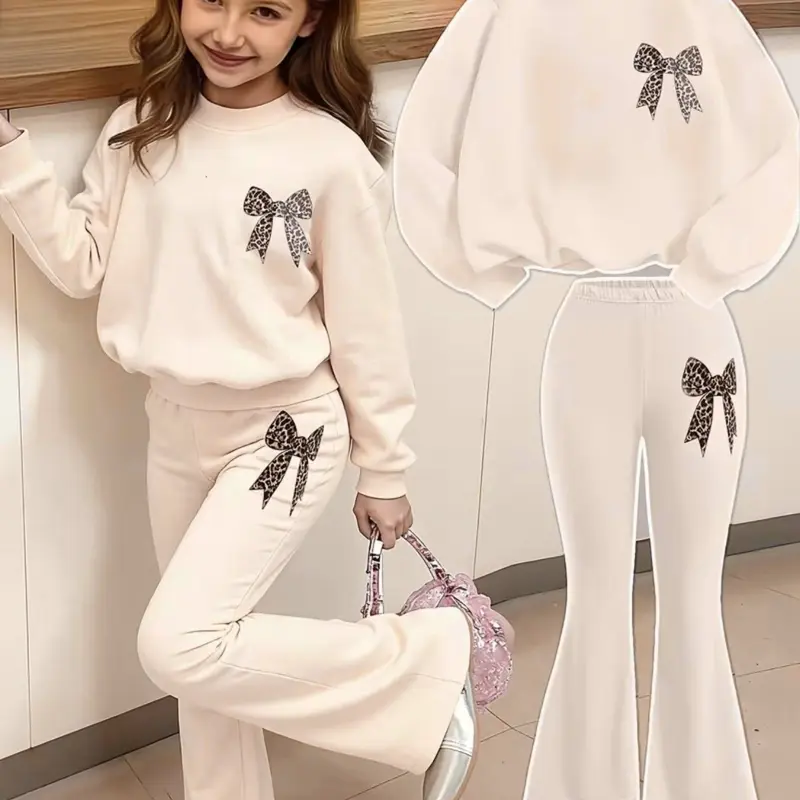 Girls' Leopard-Print Bow Graphic Fleece Set with Long-Sleeve Sweatshirt and Flared Pants, Cozy Fall & Winter Outfit for Outdoor Play, Clothes Sets