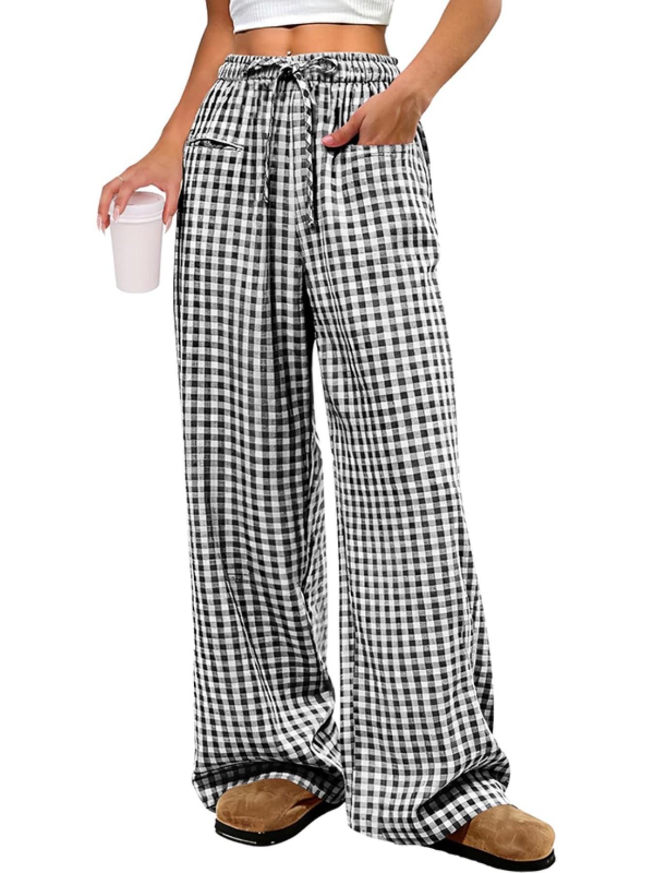 Women's Plaid Wide Leg Pants, Casual Loose-Fitting Drawstring Design, Comfortable Elastic Waist with Pockets, All Seasons Fashion, Womenswear