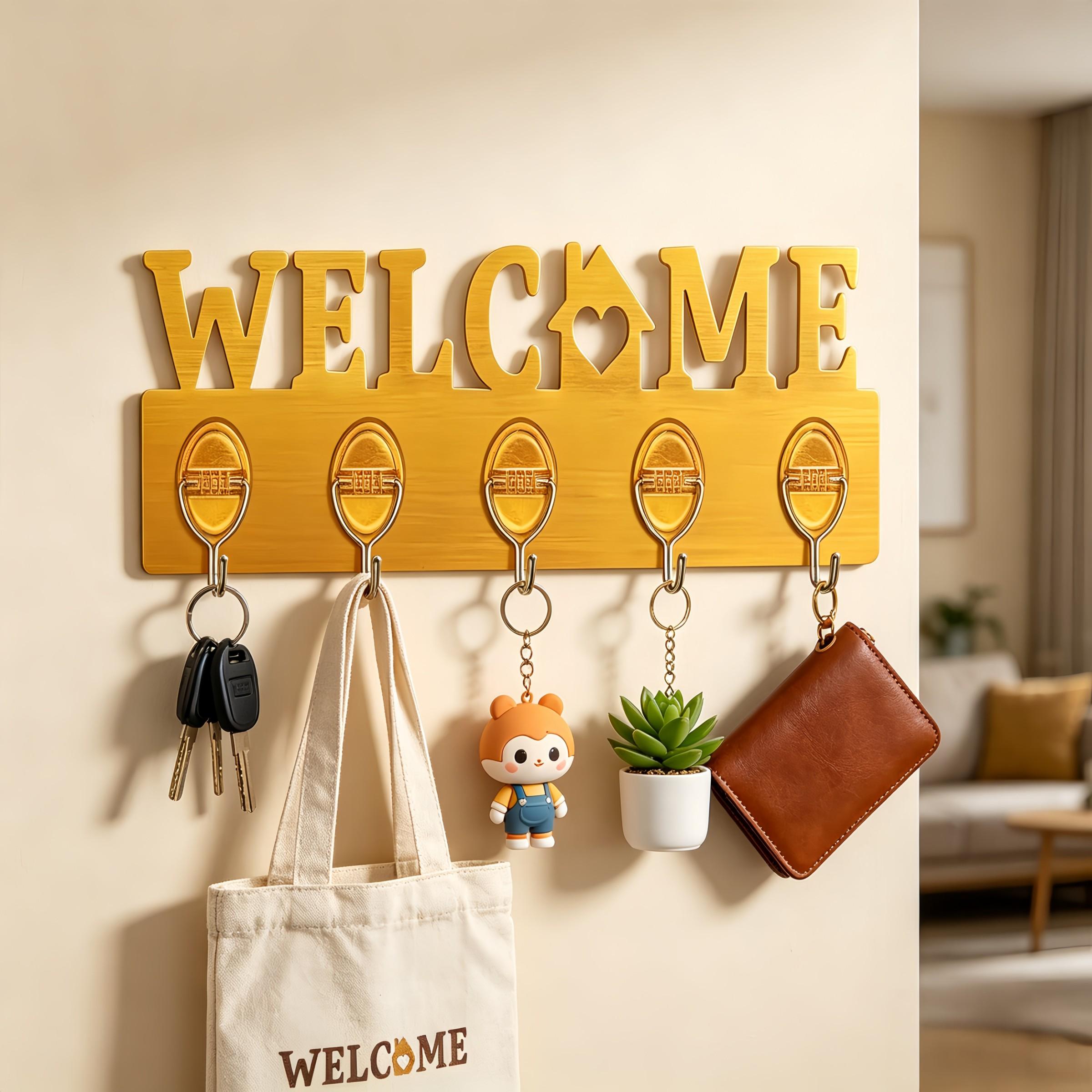 Wall-Mounted Key Holder Set, Gold &, 5 Hooks Per Unit, No-Drill Installation, Ideal for Keys, Dog Leashes, Towels, Medals, Necklaces