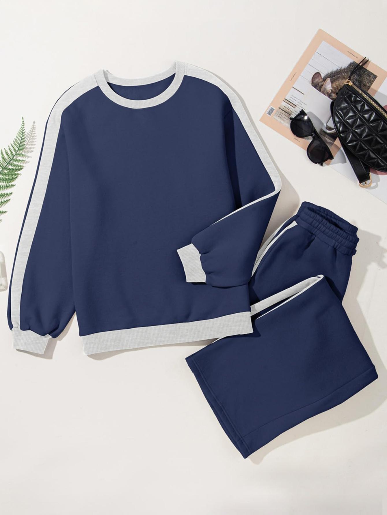 Women's Color Contrast Patchwork Causal Jogging Suit Set,Crew Neck Long Sleeve Top & Straight Trousers Set,Fashion Sweatshirt suit