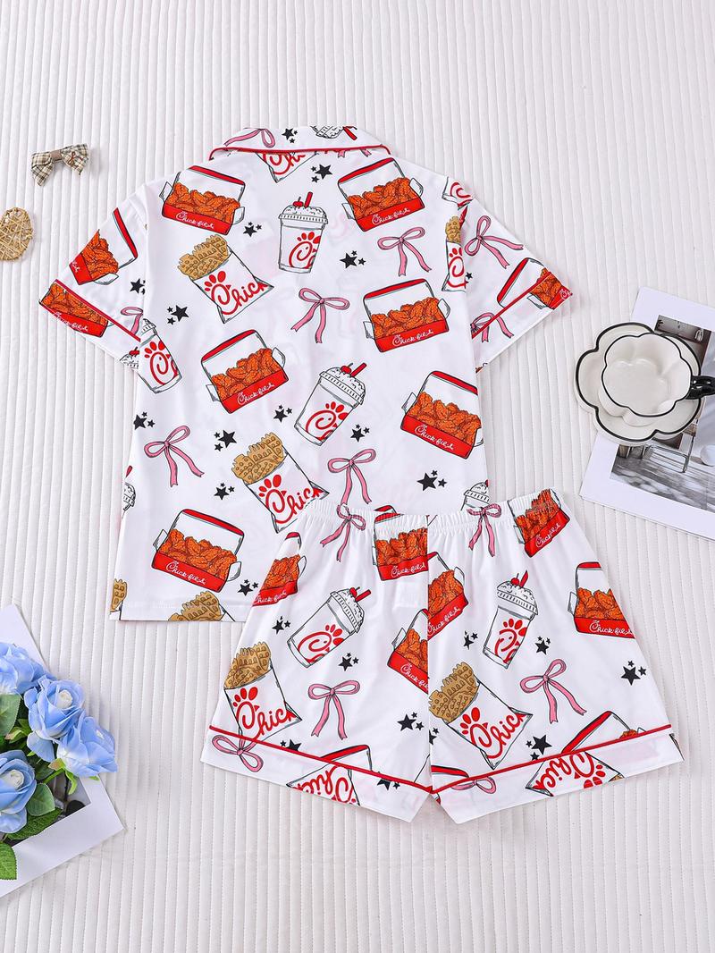 2-Piece Spring/Summer Set: Full-body Fries, Fried Chicken, Bow, Star, Beverage Print Short Sleeve Shorts - Soft & Comfortable Top with Small Pockets, Turned-Down Collar, Elastic Waistband - Suitable for Year-Round Home, Casual, Everyday Wear, Sleepwear