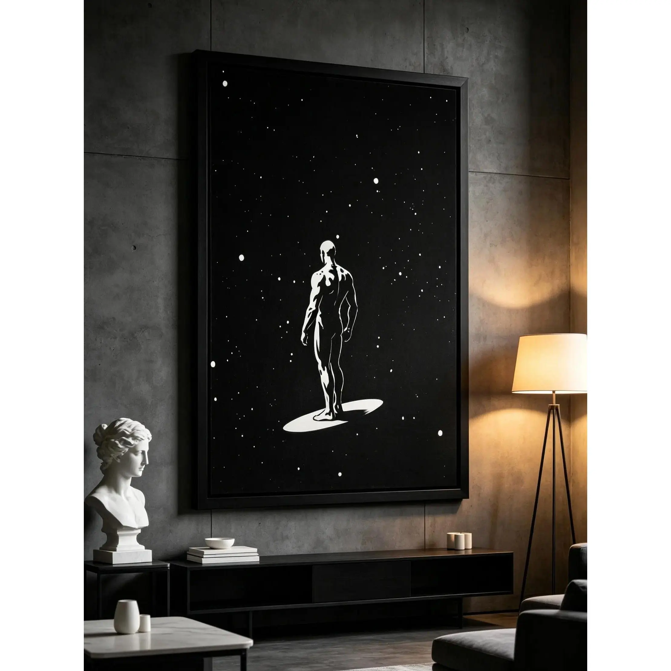 Black White Cosmic Male Silhouette Canvas Wall Art Painting,Minimalist Starry Sky Abstract Poster, Trendy Modern Wall Art, Retro Men Bedroom & Study Room Decor, Apartment Home Ornament, Single Wooden Framed Unique Artwork