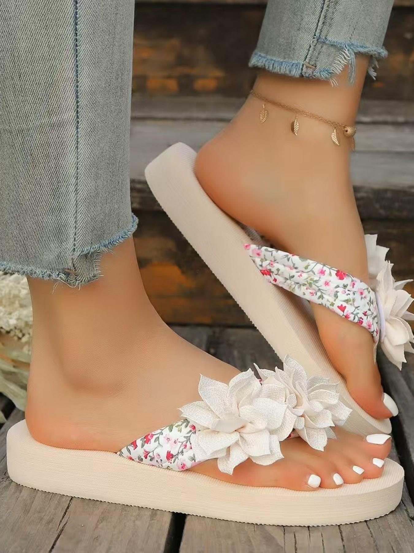 Summer Floral Sandals, Thick Sole Platform Flip Flops, Anti-Slip Beach Shoes, Height-Boosting Summer Footwear, Casual Vacation Style