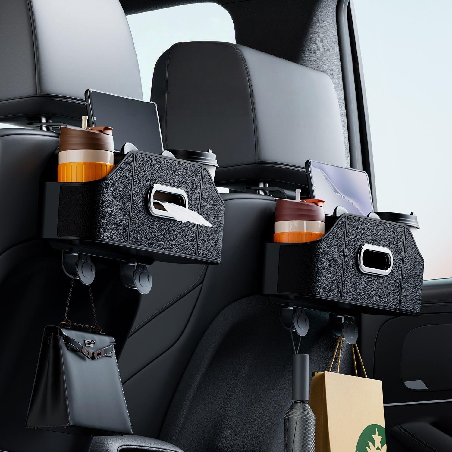 Multifunctional Car Seat Back Organizer Box, Rear Storage Rack with Cup Holder, Vehicle Interior Paper Towel Dispenser, Car Backseat Organizer